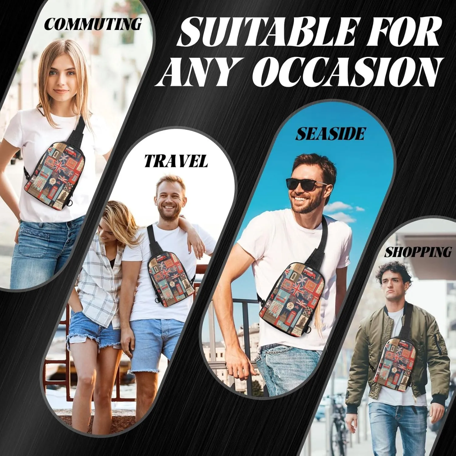Sling bag for Women Men Trendy Sling Bakpack Casual Chest Bag England Symbols Fanny Pack for Travel Hiking