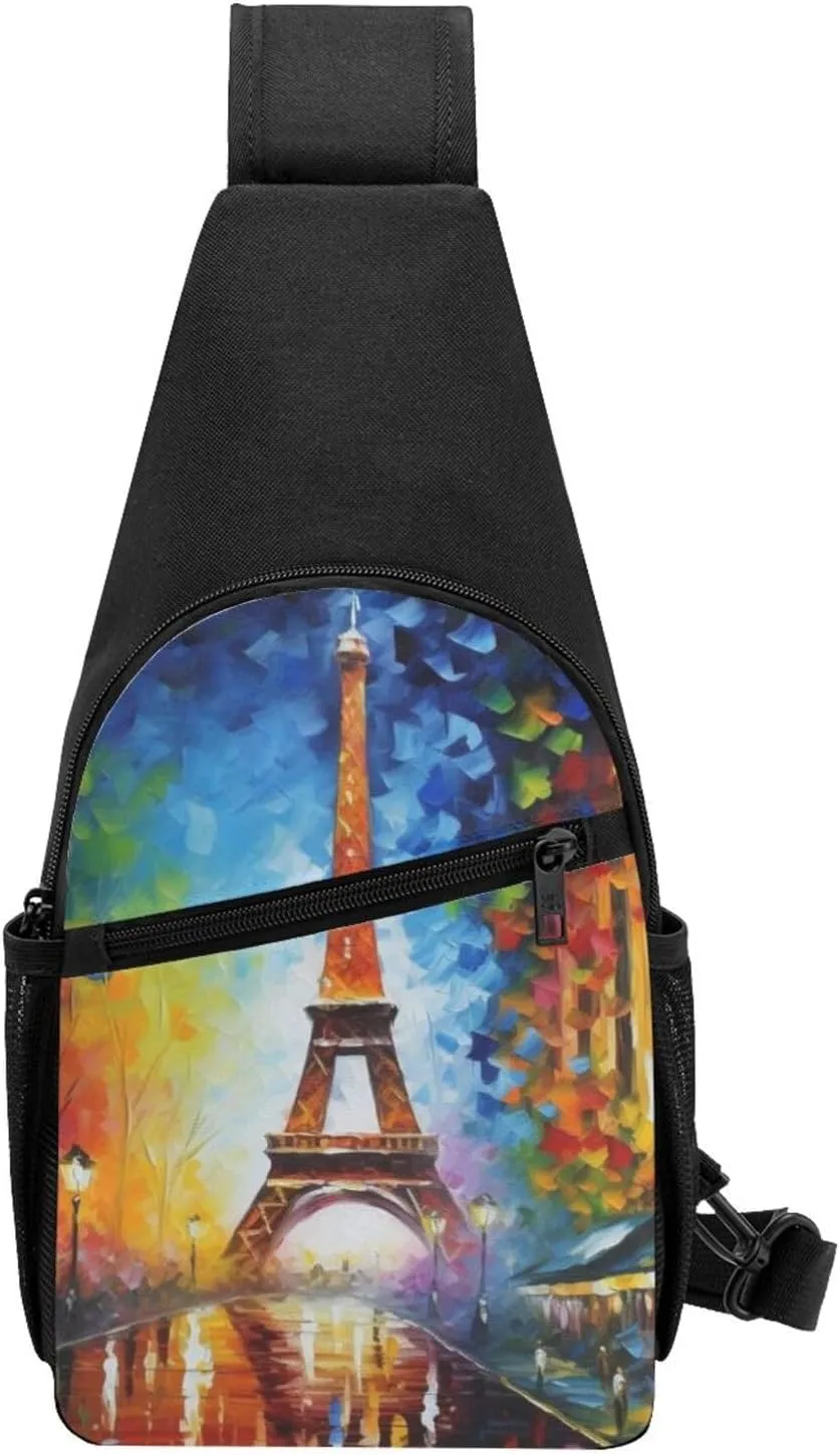 Sling bag for Women Men Trendy Sling Bakpack Casual Chest Bag Paris Eiffel Painting Fanny Pack for Travel Hiking