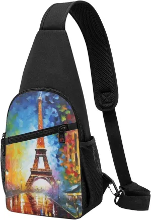 Sling bag for Women Men Trendy Sling Bakpack Casual Chest Bag Paris Eiffel Painting Fanny Pack for Travel Hiking