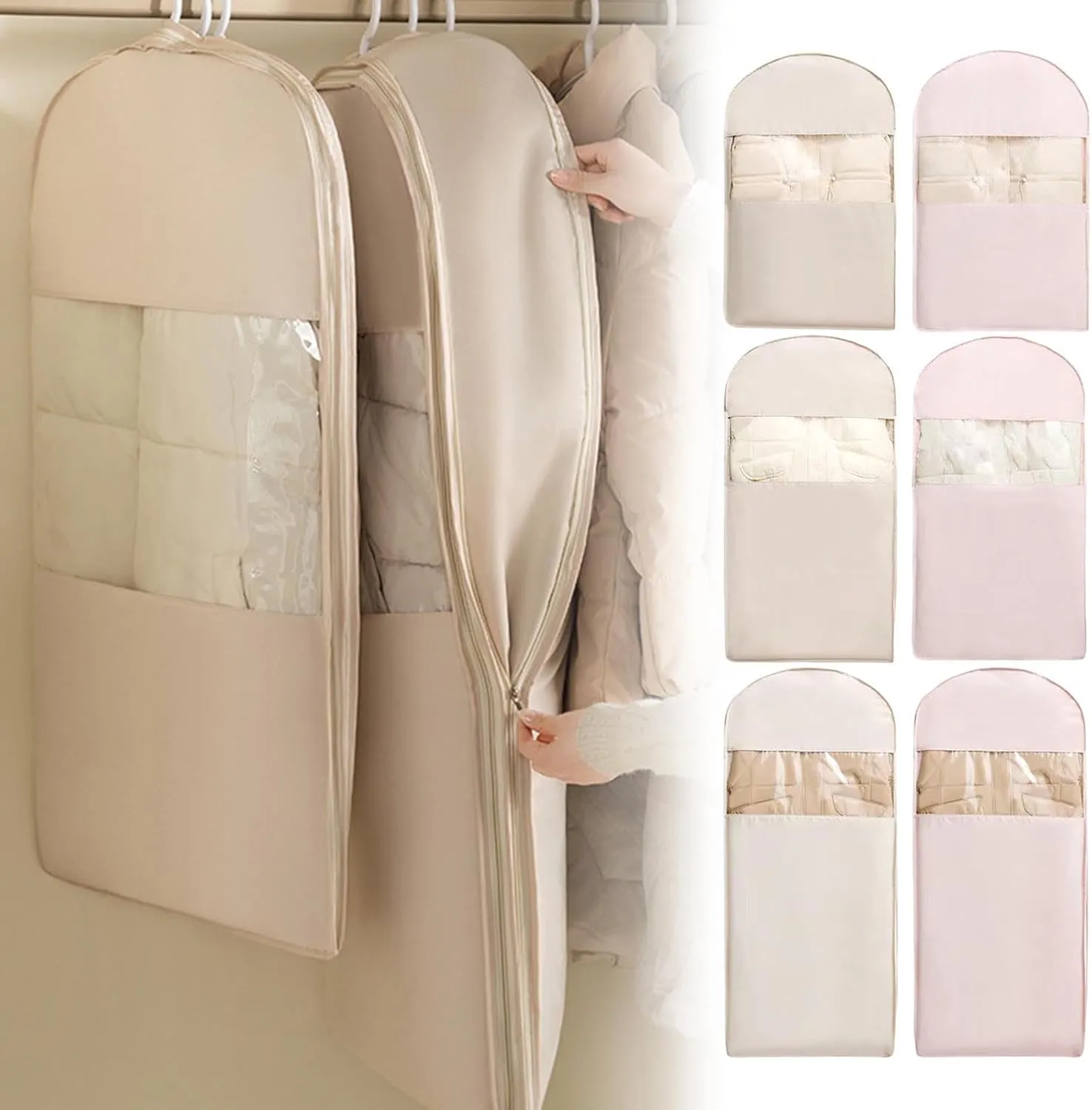 Space Saving Garment Bags For Hanging Clothes With Self Compression Zipper, Closet Organizers For Home Textile Organizing, Dust Cover Clothes Bags For Down Coat (B-M)