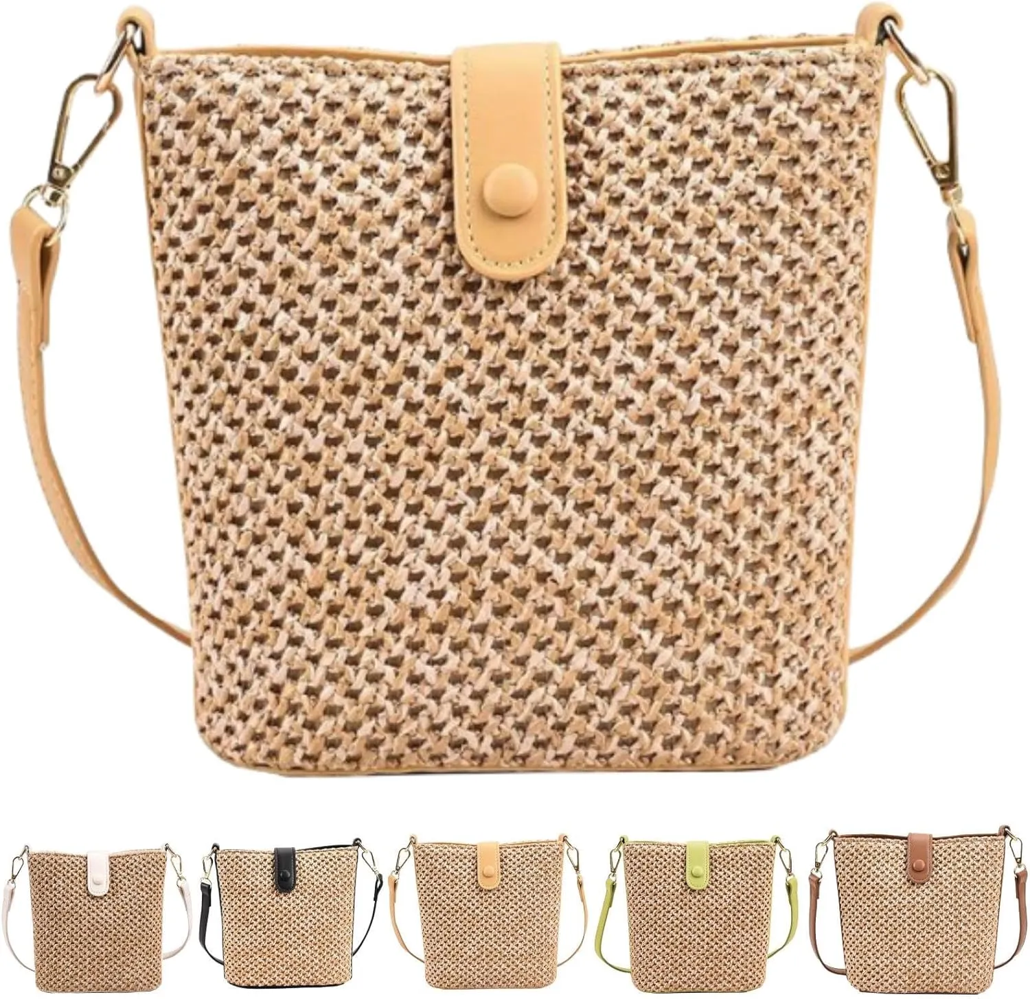 Straw Crossbody Bags for Women Trendy Beach Handmade Rattan Shoulder Bags Woven Leather Straps Clutch Purse Vacation