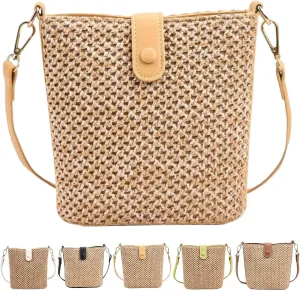 Straw Crossbody Bags for Women Trendy Beach Handmade Rattan Shoulder Bags Woven Leather Straps Clutch Purse Vacation