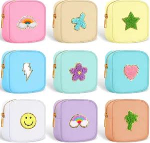 Sumind 9 Pieces Nylon Mini Preppy Makeup Bag Chenille Letter Cosmetic Bag Travel Small Makeup Pouch Bag Toiletry Bag with Zipper for Women 9 Colors