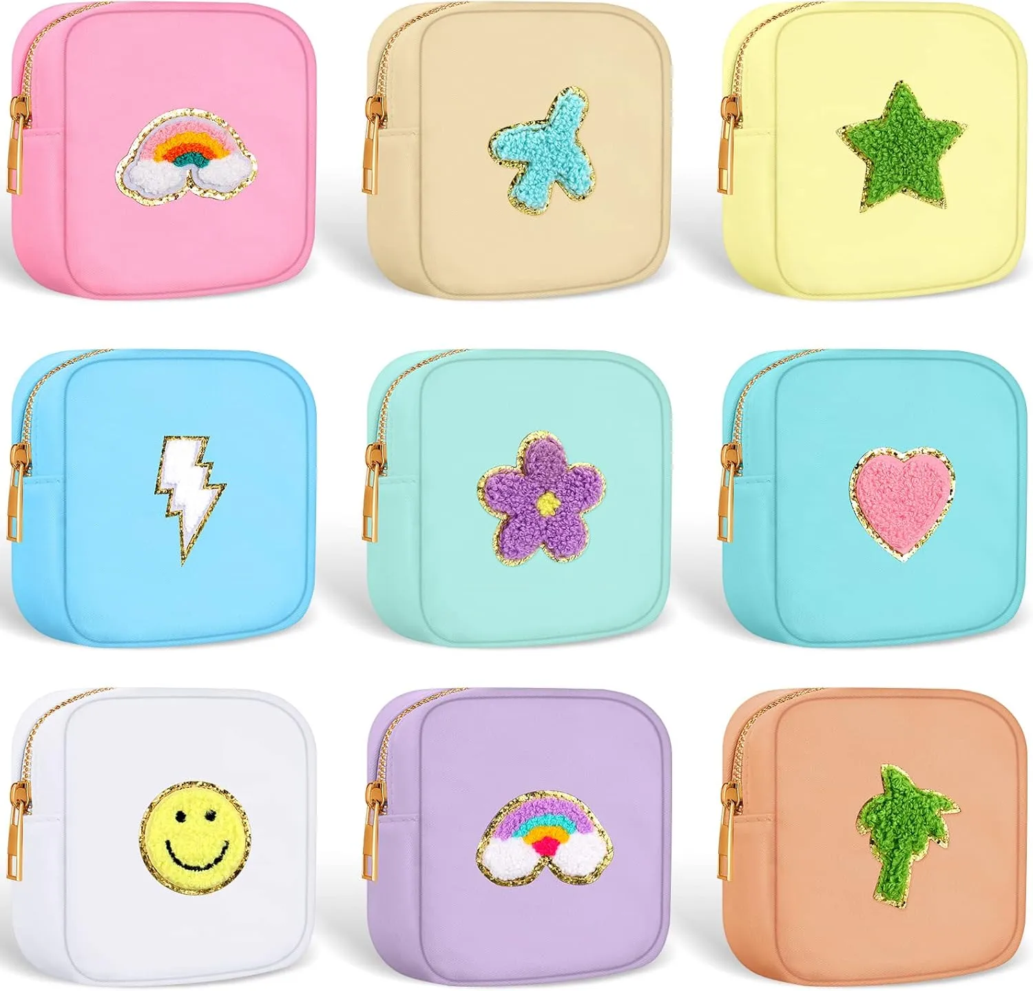 Sumind 9 Pieces Nylon Mini Preppy Makeup Bag Chenille Letter Cosmetic Bag Travel Small Makeup Pouch Bag Toiletry Bag with Zipper for Women 9 Colors