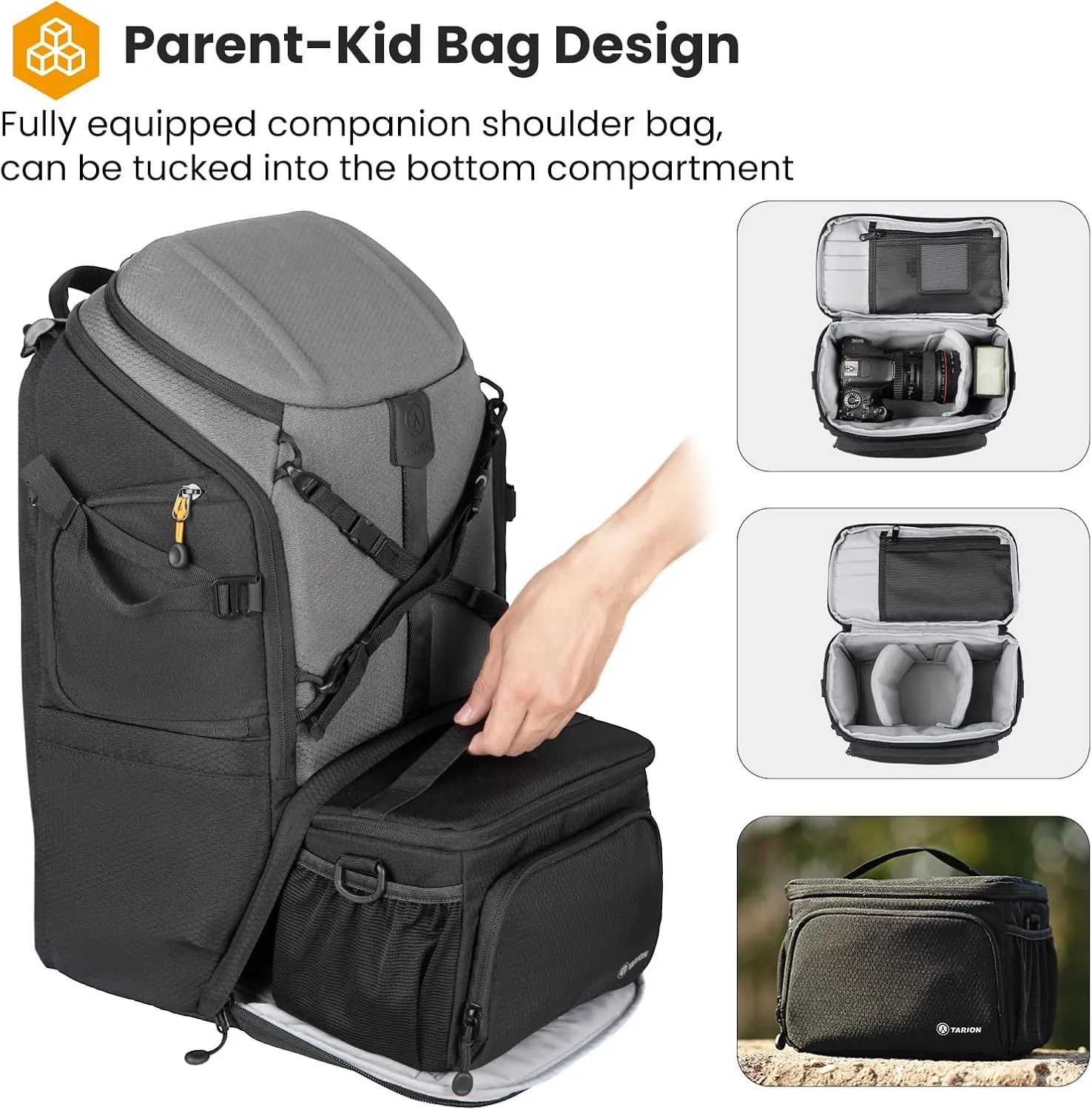TARION Camera Backpack Extra Large: Professional 2-in-1 Hiking Camera Bag Outdoor Photography Backpack with Versatile Extensions Hardshell Top Quick Access Waterproof Cover Photo Backpack Grey HX-XL