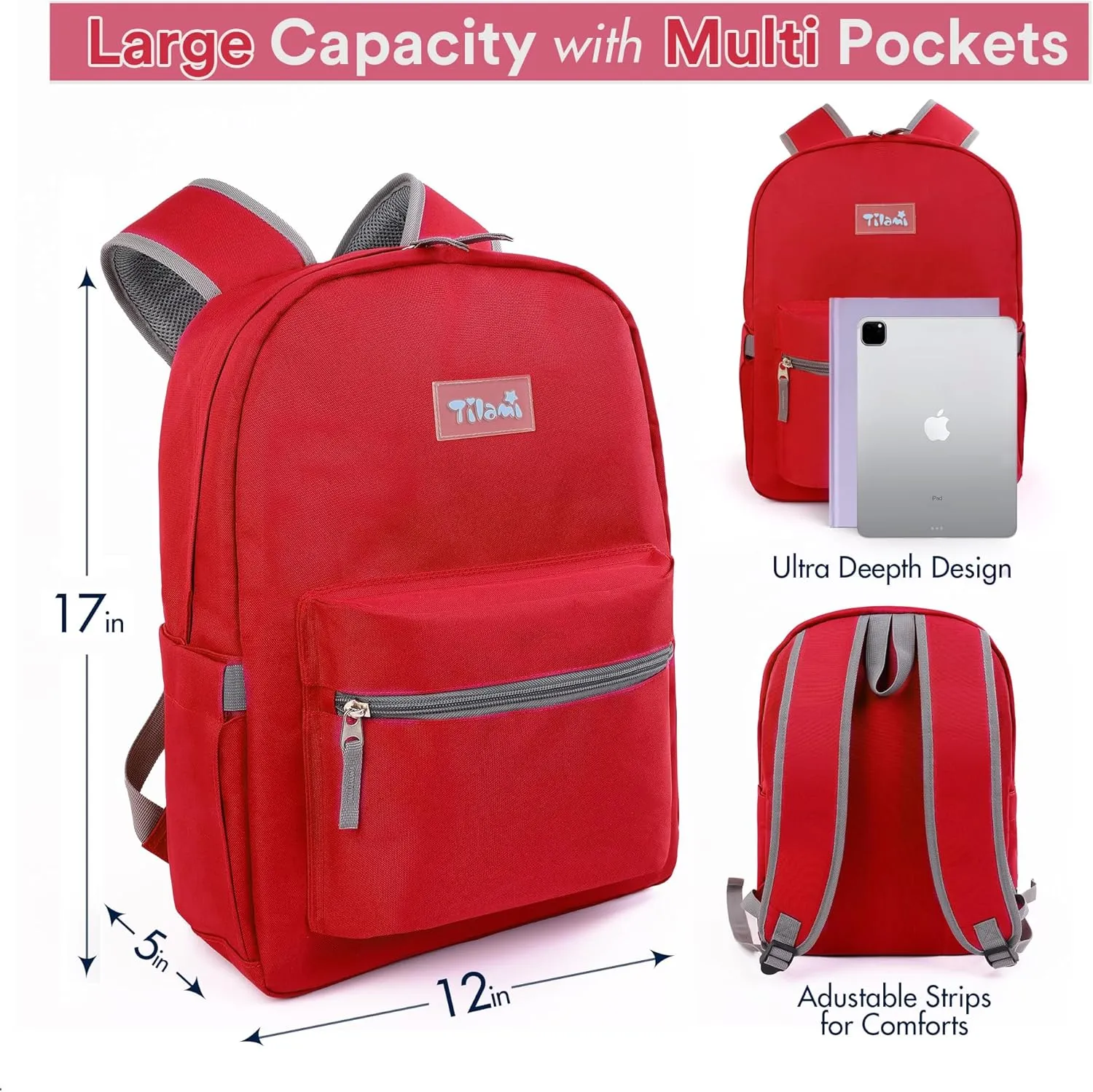 Tilami 20L Basic Backpack for Men and Women,17 inch Laptop Backpack for Travel,Red