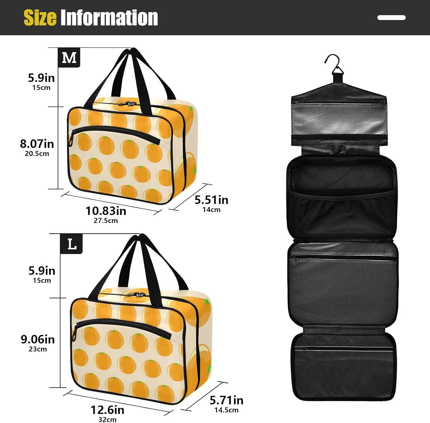 Travel Toiletry Bag Hanging Cosmetic Bag Compact Toiletry Bag with Large Capacity for Women Large Fruits Oranges