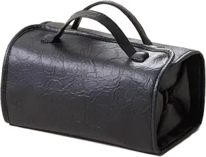 Travel Toiletry Bag Hanging PU Leather Waterproof Travel Cosmetic Bag Small with 4 Removable Zippered Clear Compact Cosmetic Bags(Black)