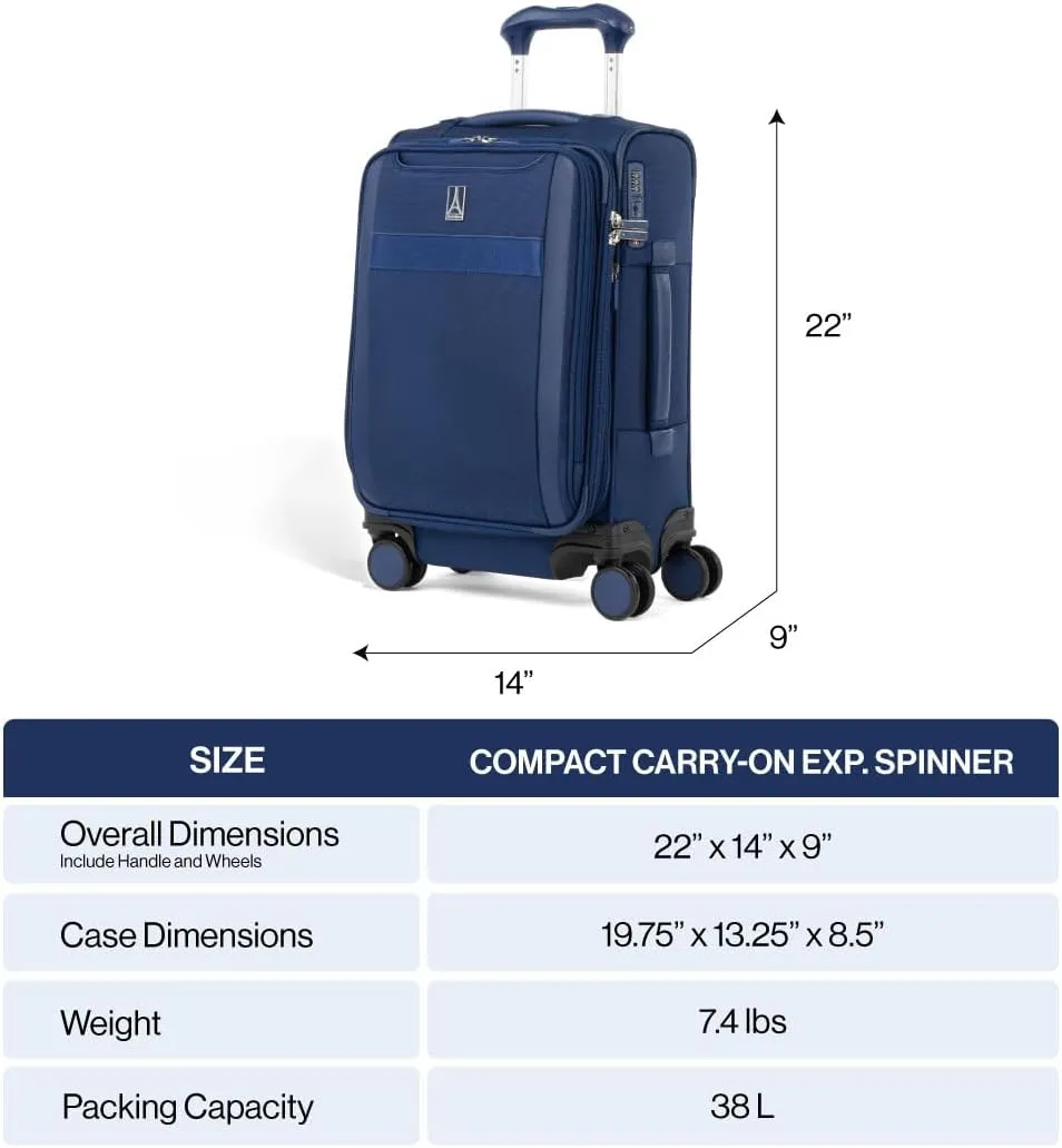 Travelpro VersaPack  Lightweight Softside Expandable Carry on Luggage, 8 Spinner Suitcase, TSA Lock, Men and Women, Compact Carry On 20-Inch, Estate Blue