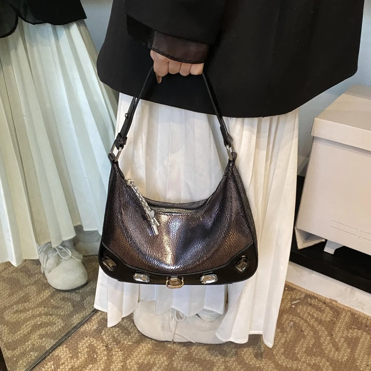 Trendy Snake Print Hobos Handbag Purse for Women Shoulder Crossbody Bag Retro Diamond Totes with Removable Strap