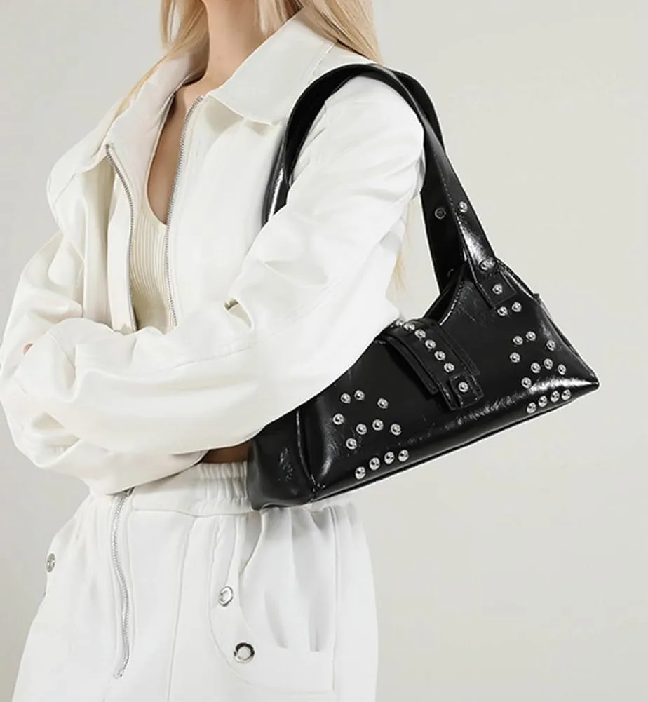 Trendy Vegan Leather Shoulder Bags for Women Small Y2k Underarm Purse Rivet Punk Tote Bags Handbags Satchels