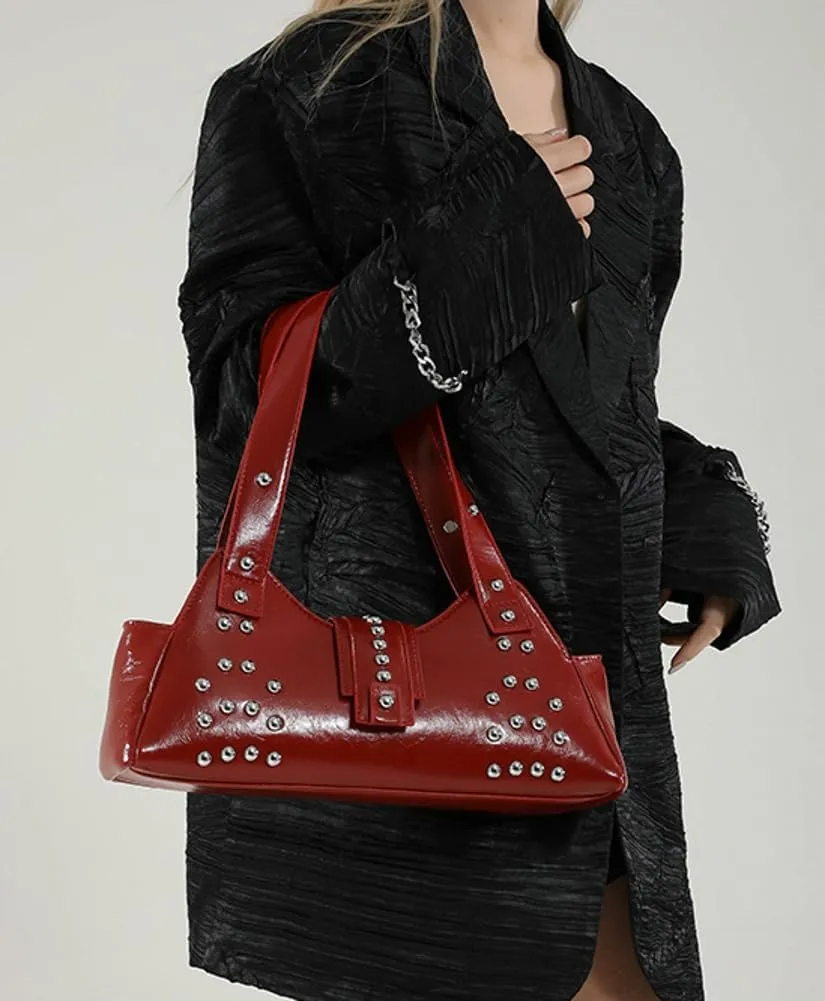Trendy Vegan Leather Shoulder Bags for Women Small Y2k Underarm Purse Rivet Punk Tote Bags Handbags Satchels