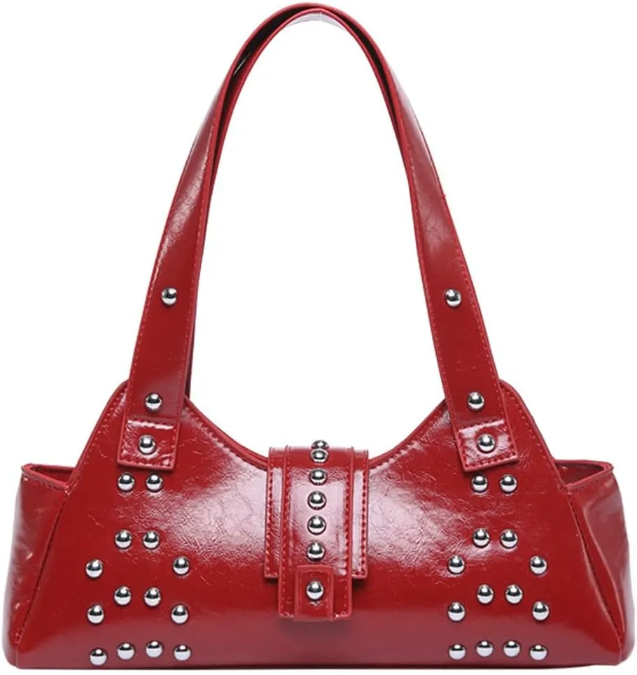 Trendy Vegan Leather Shoulder Bags for Women Small Y2k Underarm Purse Rivet Punk Tote Bags Handbags Satchels
