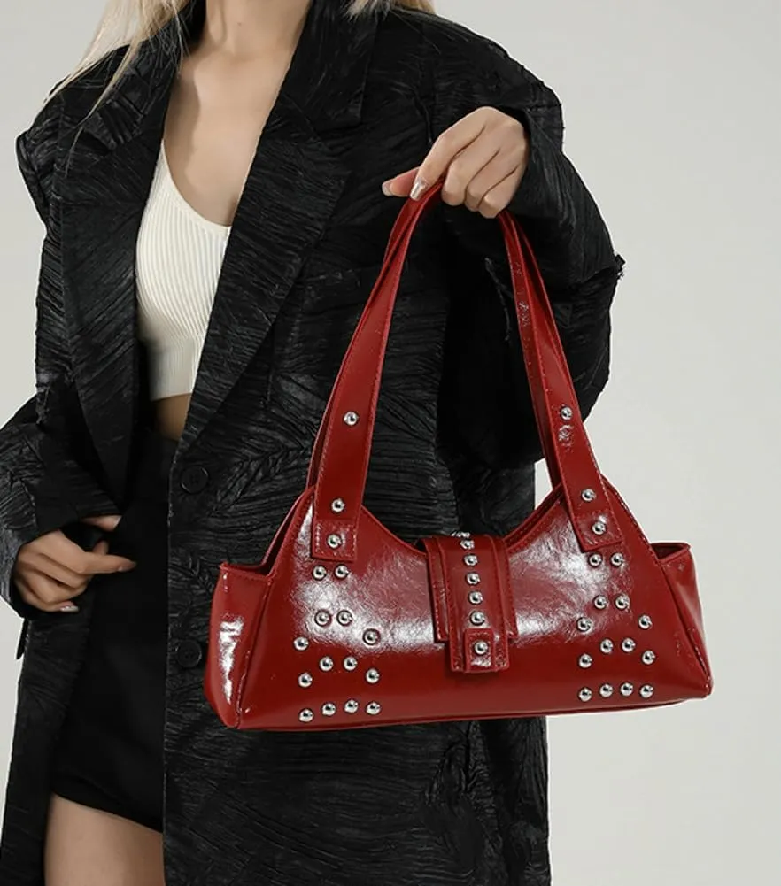 Trendy Vegan Leather Shoulder Bags for Women Small Y2k Underarm Purse Rivet Punk Tote Bags Handbags Satchels