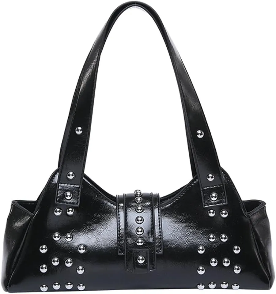 Trendy Vegan Leather Shoulder Bags for Women Small Y2k Underarm Purse Rivet Punk Tote Bags Handbags Satchels
