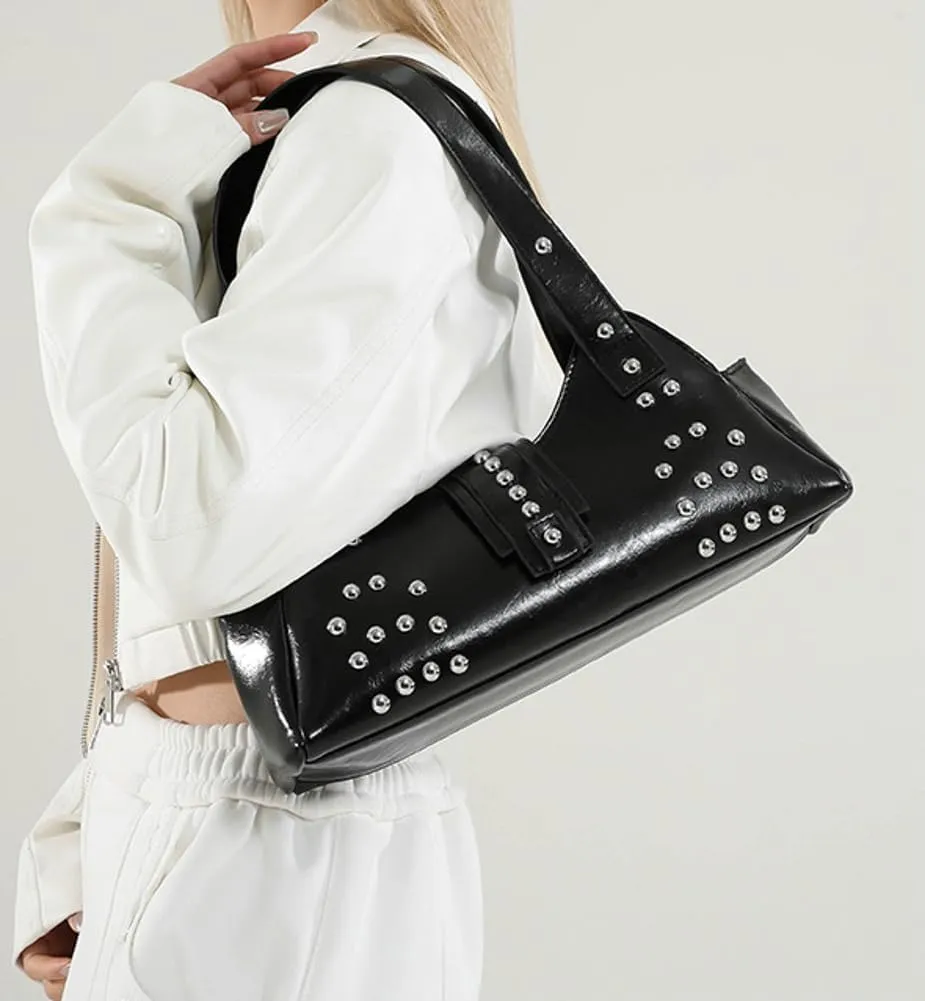 Trendy Vegan Leather Shoulder Bags for Women Small Y2k Underarm Purse Rivet Punk Tote Bags Handbags Satchels