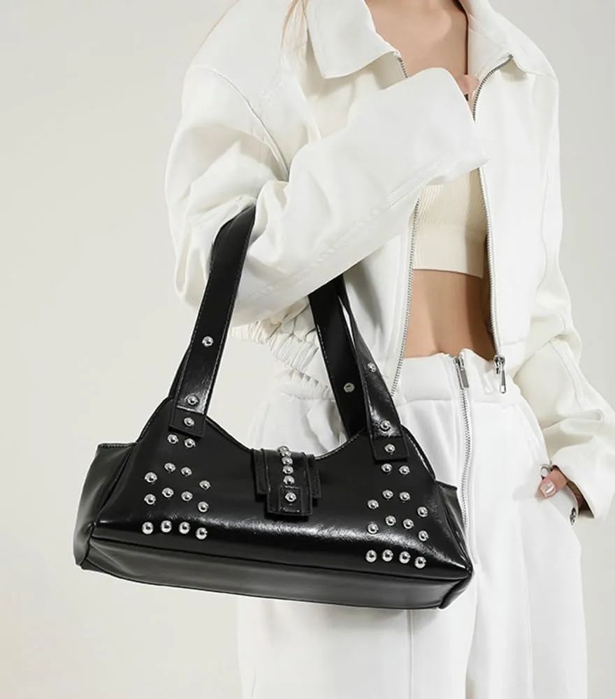 Trendy Vegan Leather Shoulder Bags for Women Small Y2k Underarm Purse Rivet Punk Tote Bags Handbags Satchels