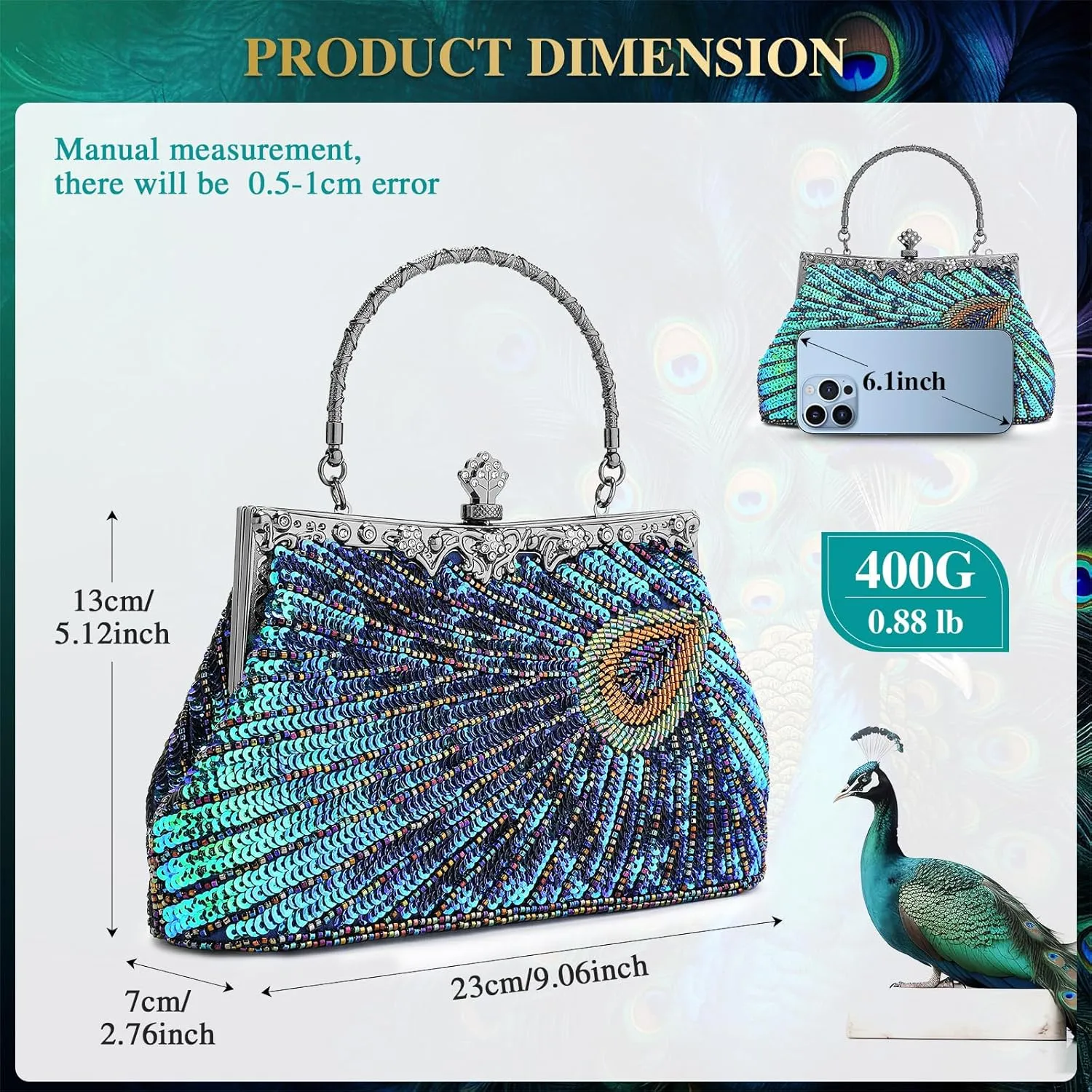 UBORSE Beaded Sequin Peacock Evening Clutch Bags Vintage Evening Bag1920s Party Wedding Purse