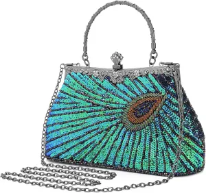 UBORSE Beaded Sequin Peacock Evening Clutch Bags Vintage Evening Bag1920s Party Wedding Purse