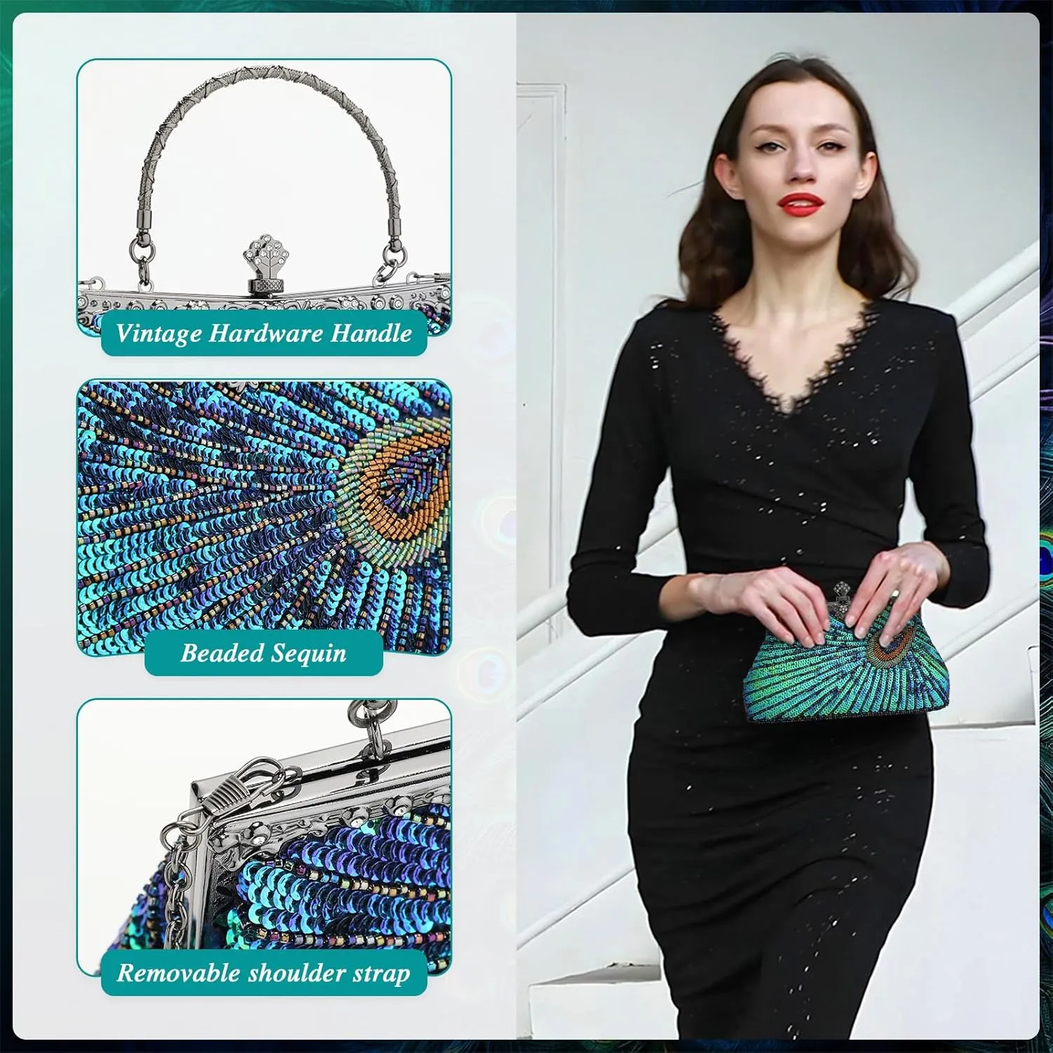 UBORSE Beaded Sequin Peacock Evening Clutch Bags Vintage Evening Bag1920s Party Wedding Purse