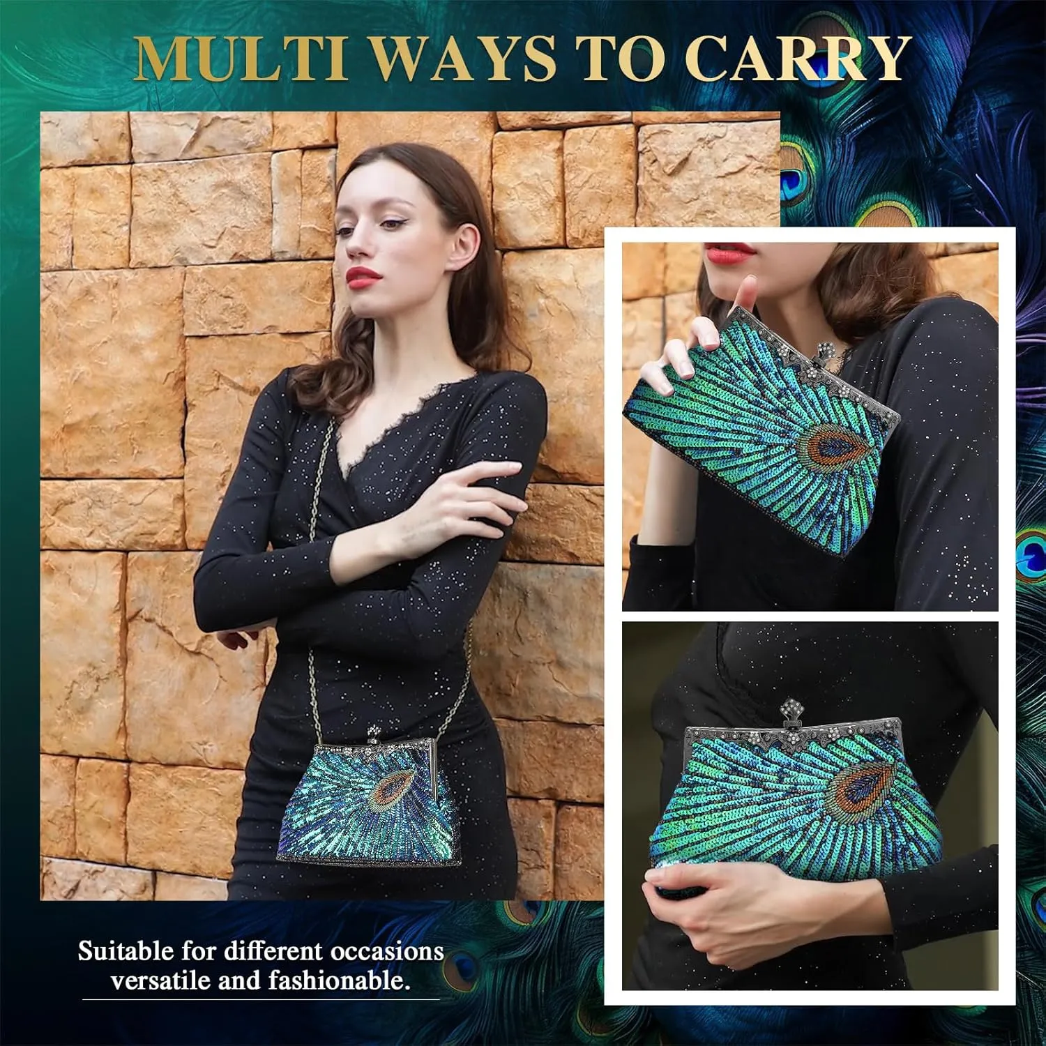 UBORSE Beaded Sequin Peacock Evening Clutch Bags Vintage Evening Bag1920s Party Wedding Purse