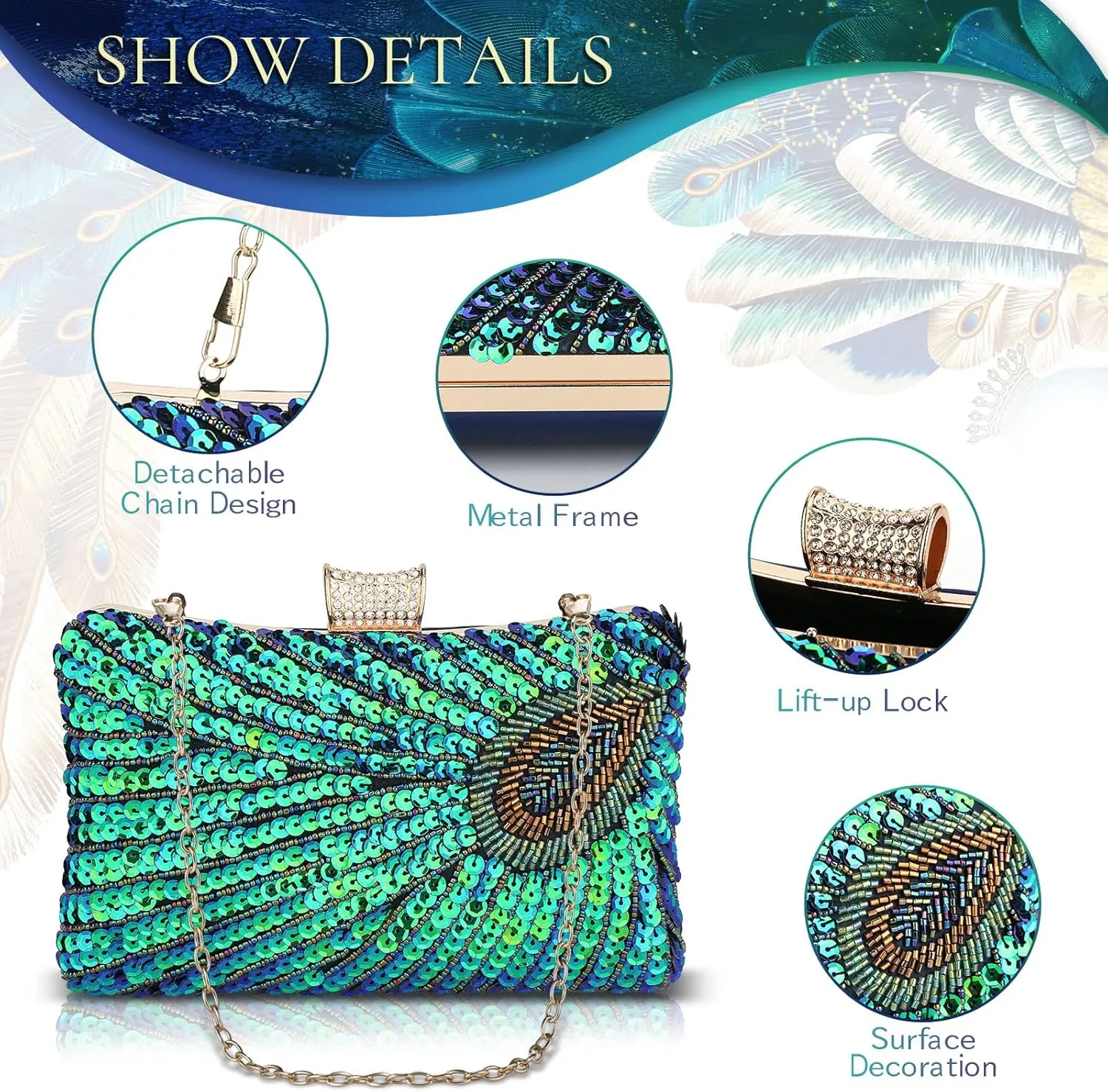 UBORSE Beaded Sequin Peacock Evening Clutch Bags Vintage Evening Bag1920s Party Wedding Purse