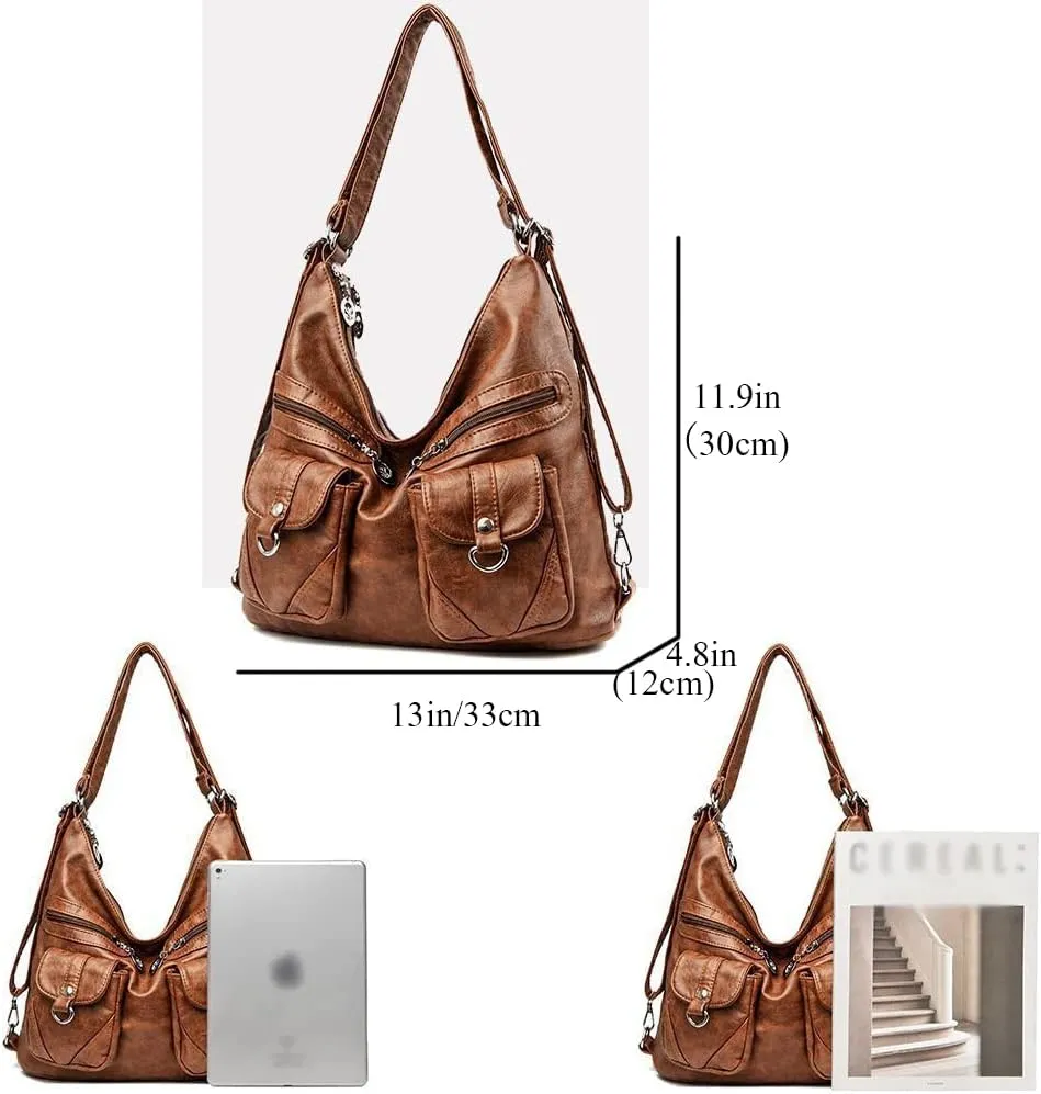 Vintage Women Handbags Purses Soft PU Leather Shoulder Bag Hobo Handbag Tote Bags Backpack Stylish Satchel Zip Pocket