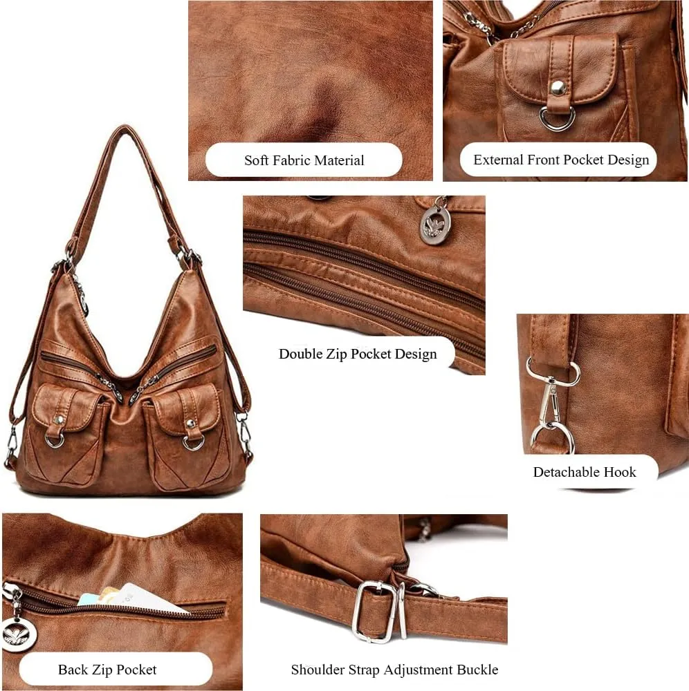 Vintage Women Handbags Purses Soft PU Leather Shoulder Bag Hobo Handbag Tote Bags Backpack Stylish Satchel Zip Pocket