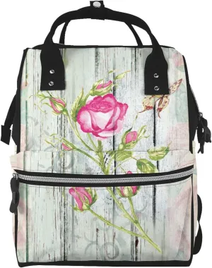 Vintage Wood Background with Floral Diaper Bag Backpack Large Capacity Multifunction with Insulated Pockets Waterproof Baby Diaper Bags Baby Travel Essentials for Dads, Moms, Newborns