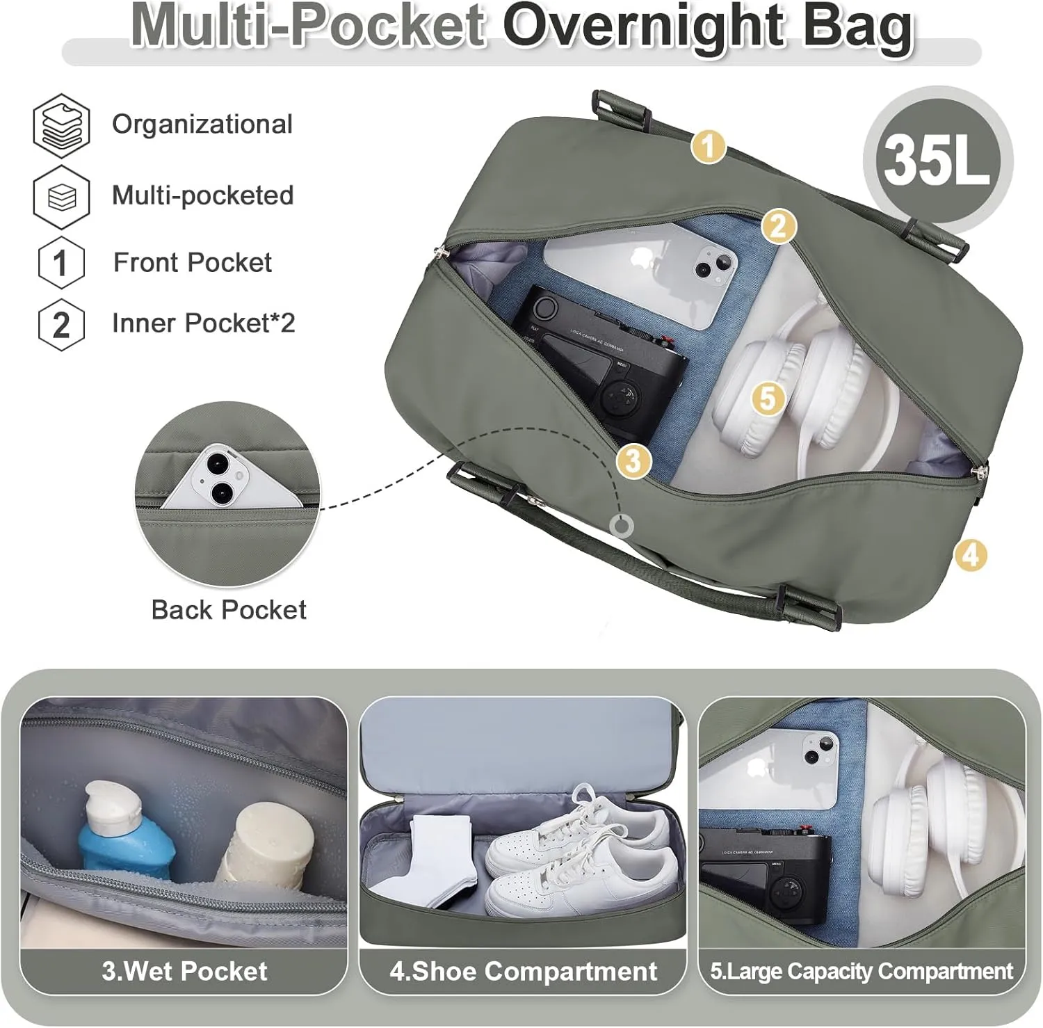 Weekender Bags for Women, Travel Duffel Bags with Shoe Compartment & Wet Pocket,Personal Item Travel Bag for Airlines,Carry on Overnight Tote Bag for women,3Pcs SetOlive Green