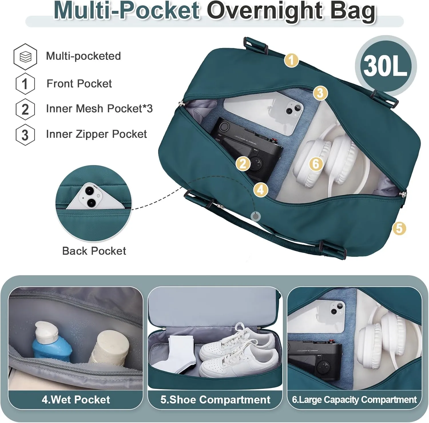 Weekender Bags for Women, Travel Duffel Bags with Shoe Compartment & Wet Pocket,Personal Item Travel Bag for Airlines,Carry on Overnight Tote Bag for women,3Pcs SetPeacock Blue