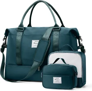 Weekender Bags for Women, Travel Duffel Bags with Shoe Compartment & Wet Pocket,Personal Item Travel Bag for Airlines,Carry on Overnight Tote Bag for women,3Pcs SetPeacock Blue