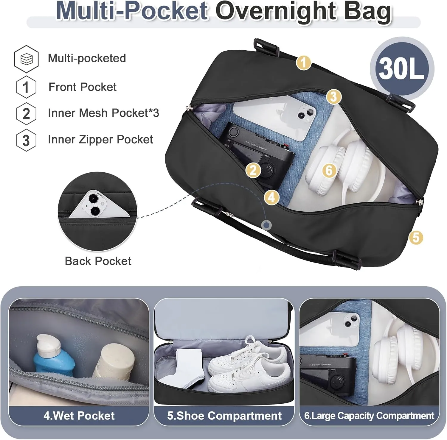 Weekender Bags for Women,Travel Duffel Bags with Shoe Compartment & Wet Pocket,Personal Item Travel Bag for Airlines,Carry on Overnight Tote Bag for women,3Pcs SetBlack