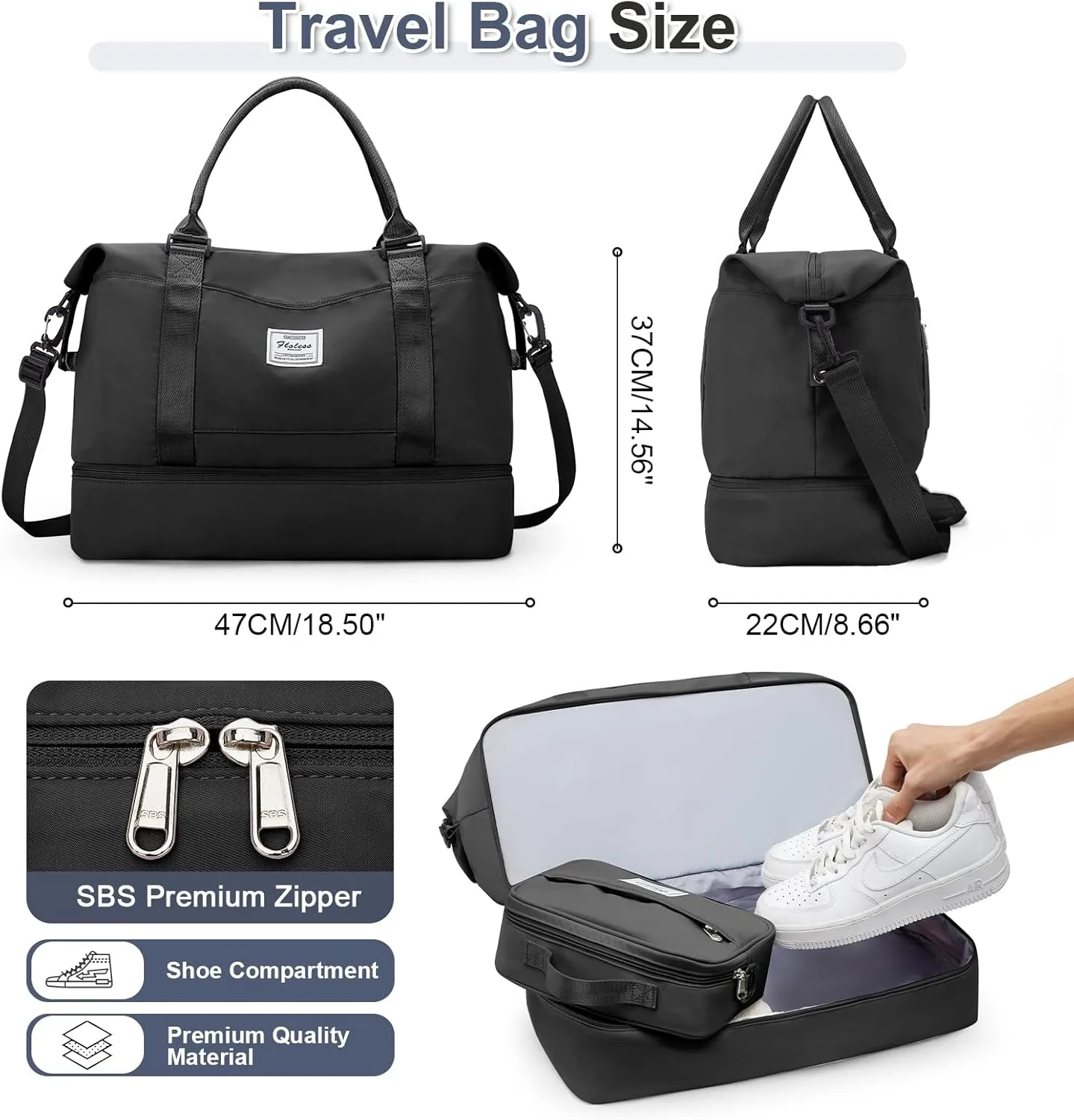 Weekender Bags for Women,Travel Duffel Bags with Shoe Compartment & Wet Pocket,Personal Item Travel Bag for Airlines,Carry on Overnight Tote Bag for women,3Pcs SetBlack