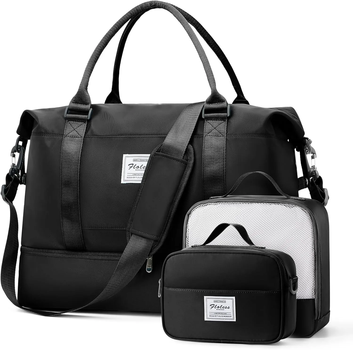 Weekender Bags for Women,Travel Duffel Bags with Shoe Compartment & Wet Pocket,Personal Item Travel Bag for Airlines,Carry on Overnight Tote Bag for women,3Pcs SetBlack