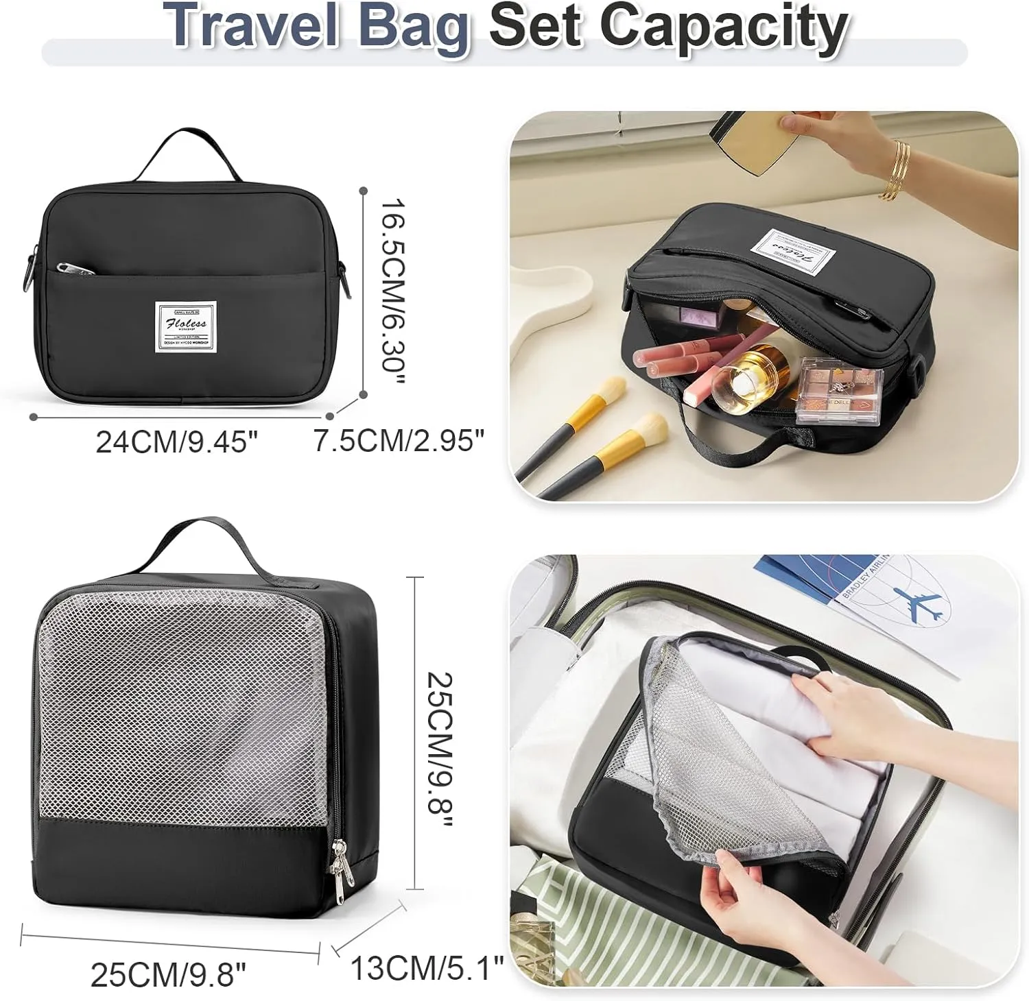 Weekender Bags for Women,Travel Duffel Bags with Shoe Compartment & Wet Pocket,Personal Item Travel Bag for Airlines,Carry on Overnight Tote Bag for women,3Pcs SetBlack