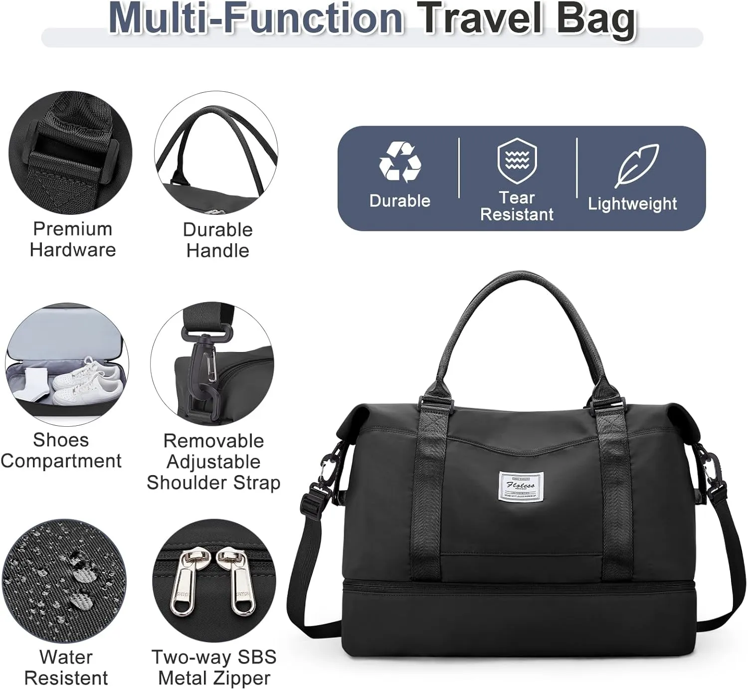 Weekender Bags for Women,Travel Duffel Bags with Shoe Compartment & Wet Pocket,Personal Item Travel Bag for Airlines,Carry on Overnight Tote Bag for women,3Pcs SetBlack
