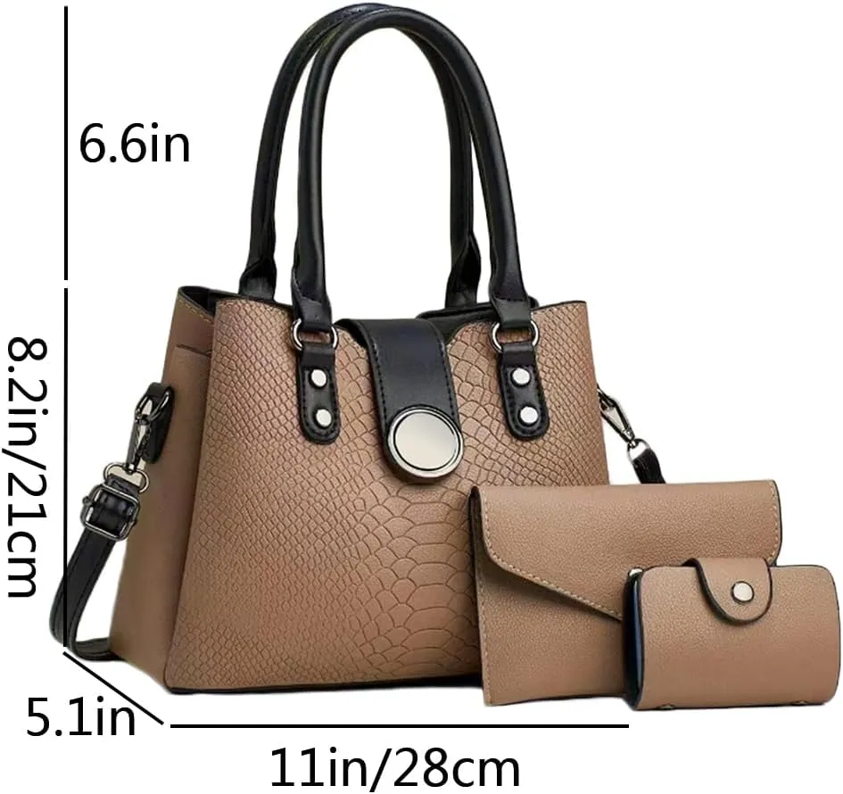 Women 3pcs Handbags and Purses Set Soft Faux Leather Totes Satchel Clutch Wallet Card Holder