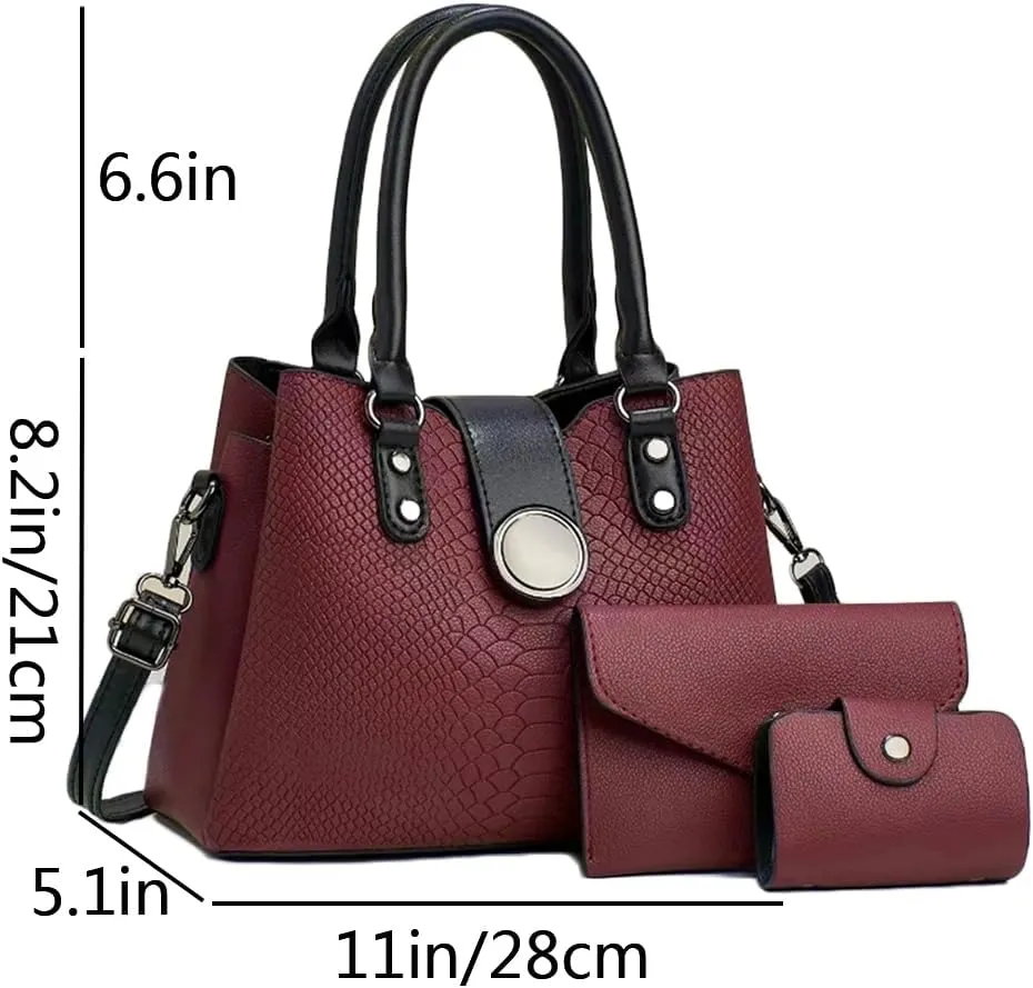 Women 3pcs Handbags and Purses Set Soft Faux Leather Totes Satchel Clutch Wallet Card Holder