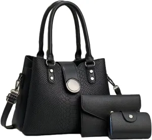Women 3pcs Handbags and Purses Set Soft Faux Leather Totes Satchel Clutch Wallet Card Holder