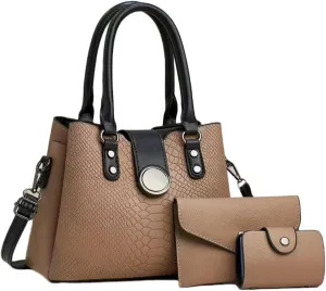 Women 3pcs Handbags and Purses Set Soft Faux Leather Totes Satchel Clutch Wallet Card Holder