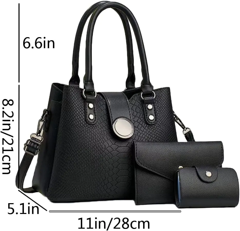Women 3pcs Handbags and Purses Set Soft Faux Leather Totes Satchel Clutch Wallet Card Holder