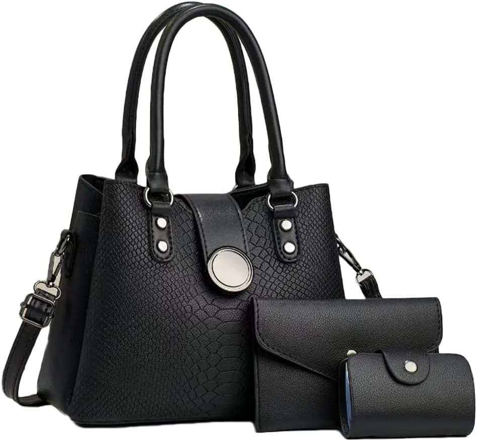 Women 3pcs Handbags and Purses Set Soft Faux Leather Totes Satchel Clutch Wallet Card Holder