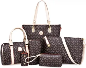 Women Totes Purse Satchel 6pcs Faux Leather Arrow Printing Handbag Shoulder Bag Clutch Wallet Dark Blue