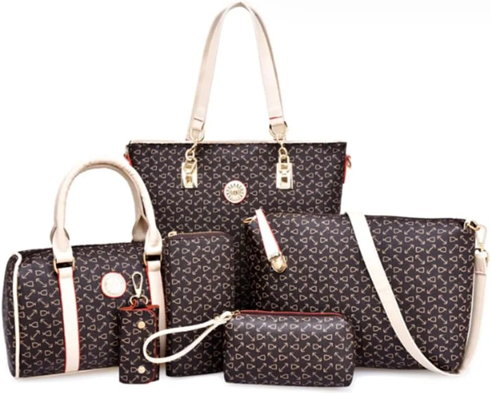 Women Totes Purse Satchel 6pcs Faux Leather Arrow Printing Handbag Shoulder Bag Clutch Wallet Dark Blue