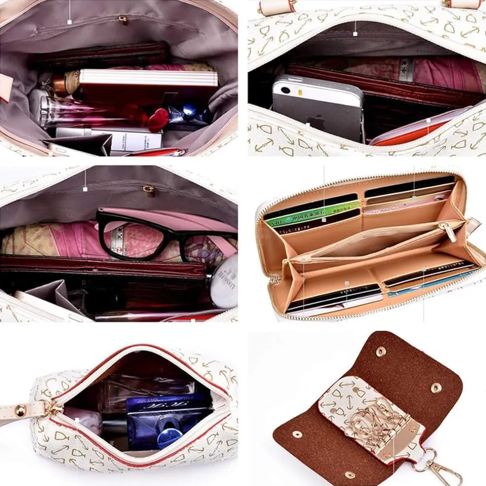Women Totes Purse Satchel 6pcs Faux Leather Arrow Printing Handbag Shoulder Bag Clutch Wallet Dark Blue