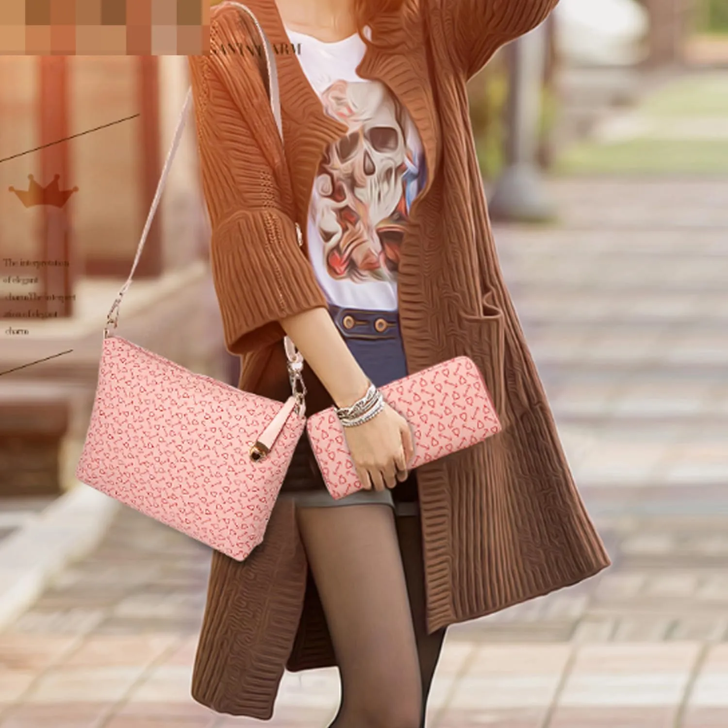 Women Totes Purse Satchel 6pcs Faux Leather Arrow Printing Handbag Shoulder Bag Clutch Wallet Dark Blue
