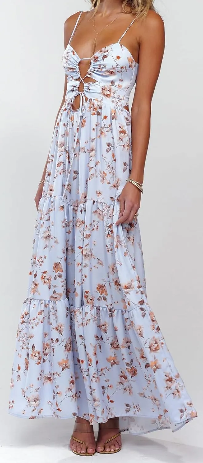 Women Y2k Floral Summer Casual Sleeveless Maxi Dresses Sexy Backless Bodycon Dresses Spaghetti Strap Long Dresses