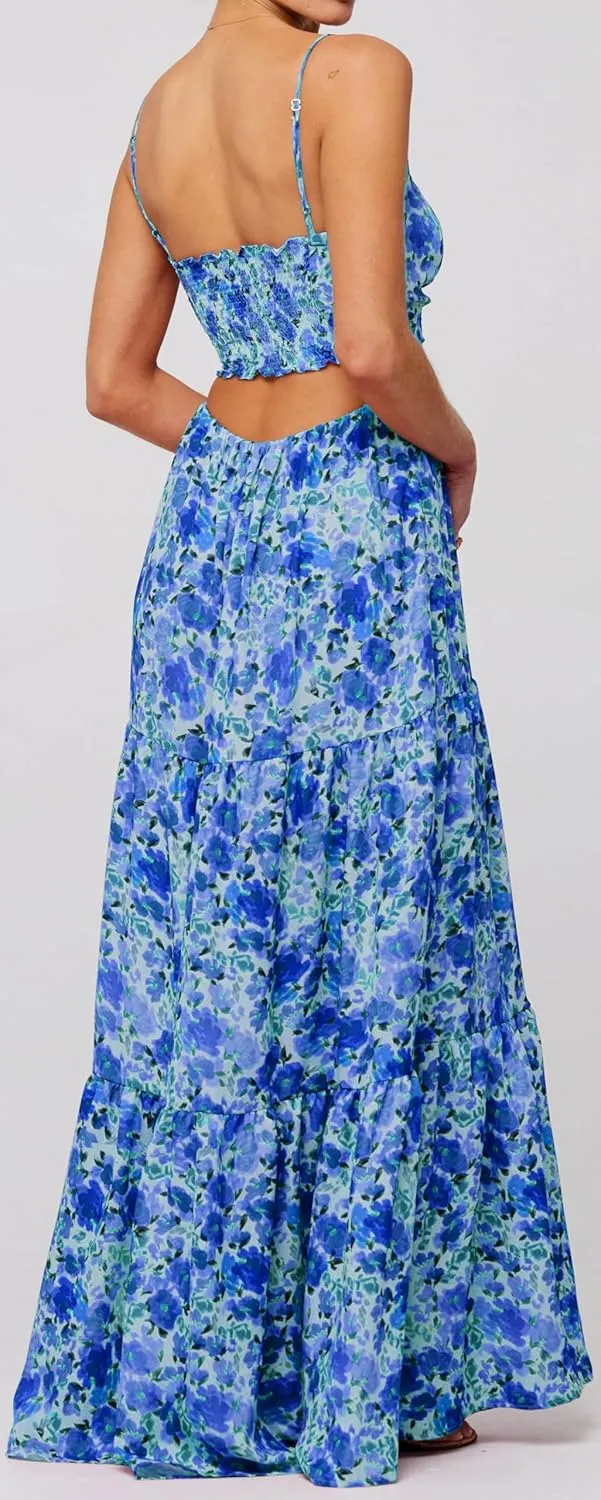 Women Y2k Floral Summer Casual Sleeveless Maxi Dresses Sexy Backless Bodycon Dresses Spaghetti Strap Long Dresses