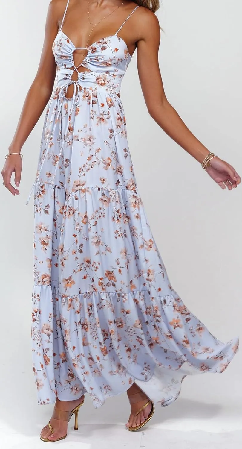 Women Y2k Floral Summer Casual Sleeveless Maxi Dresses Sexy Backless Bodycon Dresses Spaghetti Strap Long Dresses